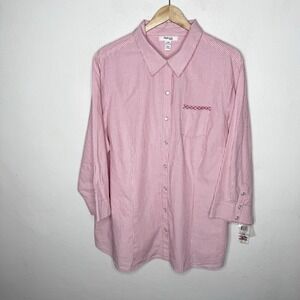Style And Co Woman Button Up Shirt Women's 22W Cotton Pink White Embroidered Top
